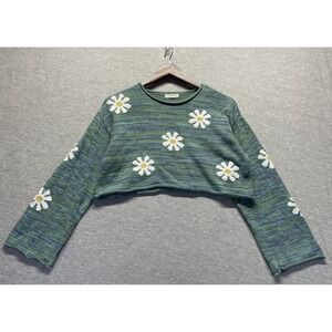 L.A. Hearts PacSun Cropped Sweater Womens XS Green Daisy Flower Classic Winter
